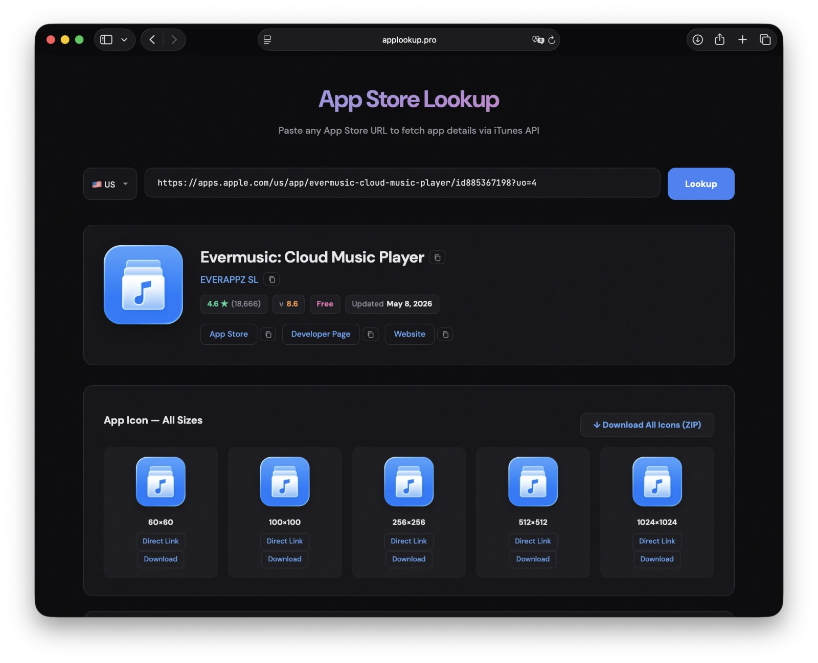 Download app icons and screenshots from AppLookup.pro